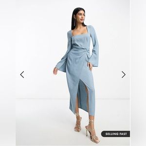 ASOS square neck fluted sleeve knot detail midi dress in denim blue